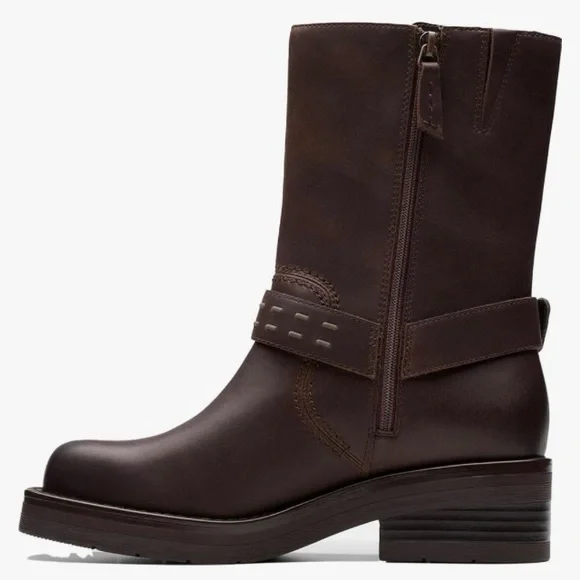 Clarks Rebelle Up Walnut Leather Combat/Moto Boots - Picture 3 of 9